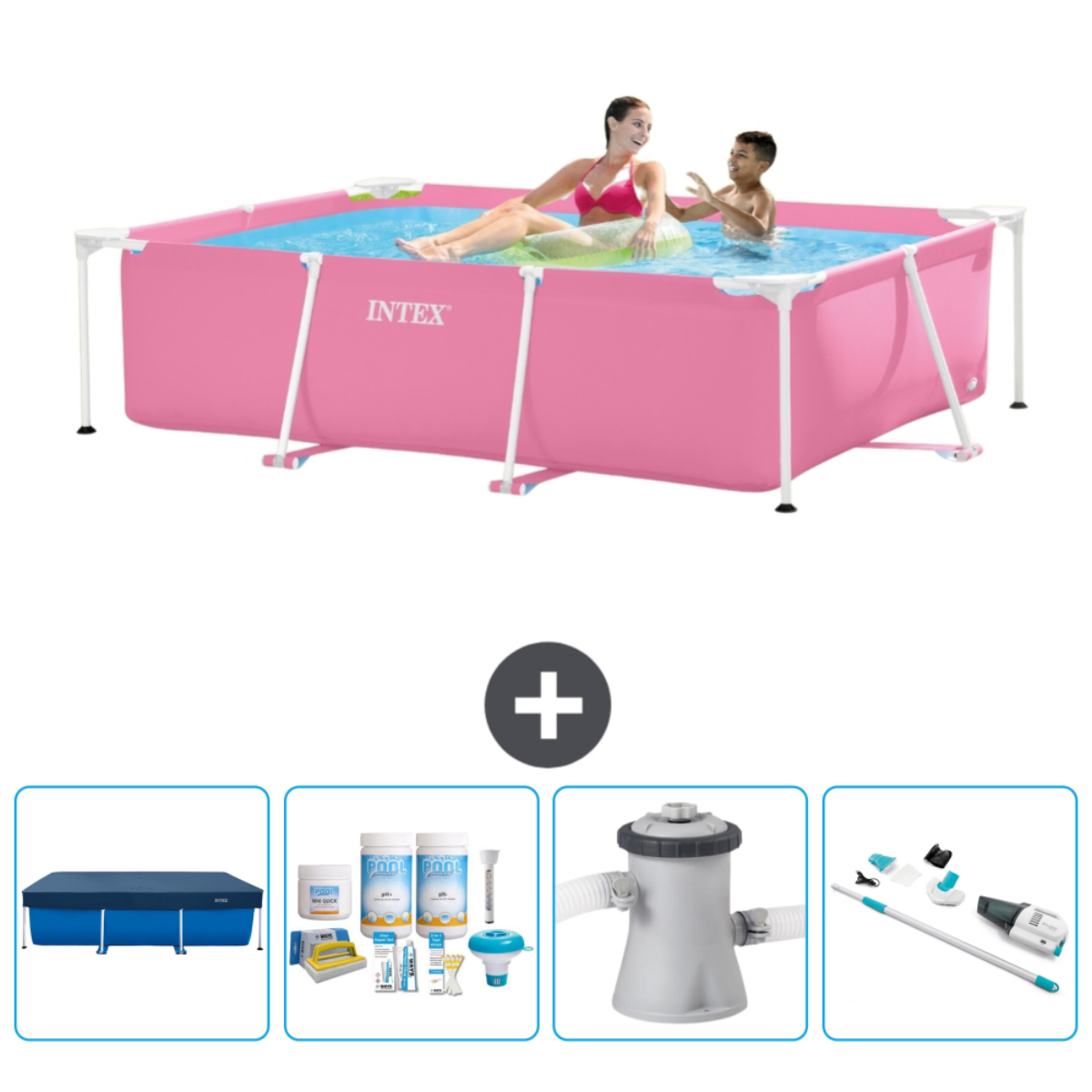 Roze rechthoekig zwembad met mensen erin, plus accessoires. Mensen zwemmen.