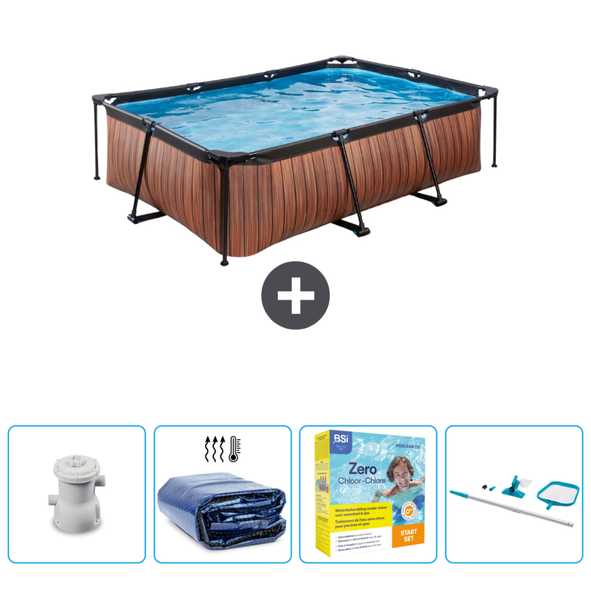 Rechthoekig zwembad met hout-look met accessoires. Inclusief filter, afdekking, chemicaliën en gereedschap.