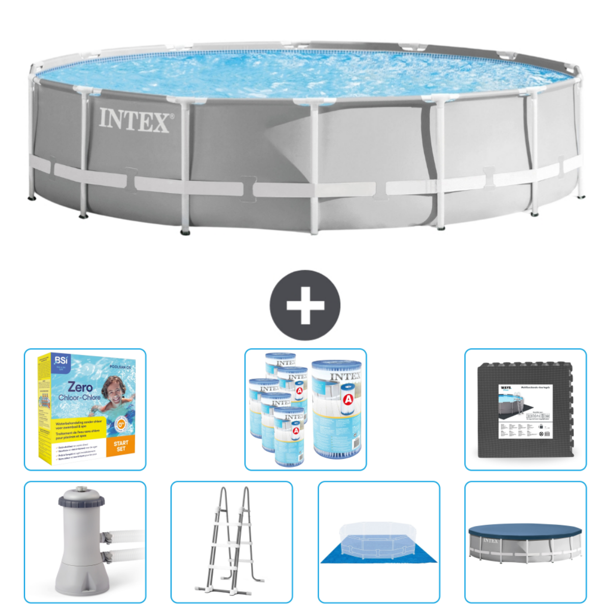 Grijze Intex pool met accessoires: chemicaliën, ladder, afdekzeil, filter en mat.