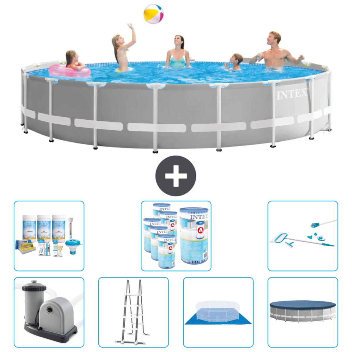 Grijs Intex zwembad met zes personen. Accessoires: filter, chemicaliën, ladder en een zwembad reinigingsset.