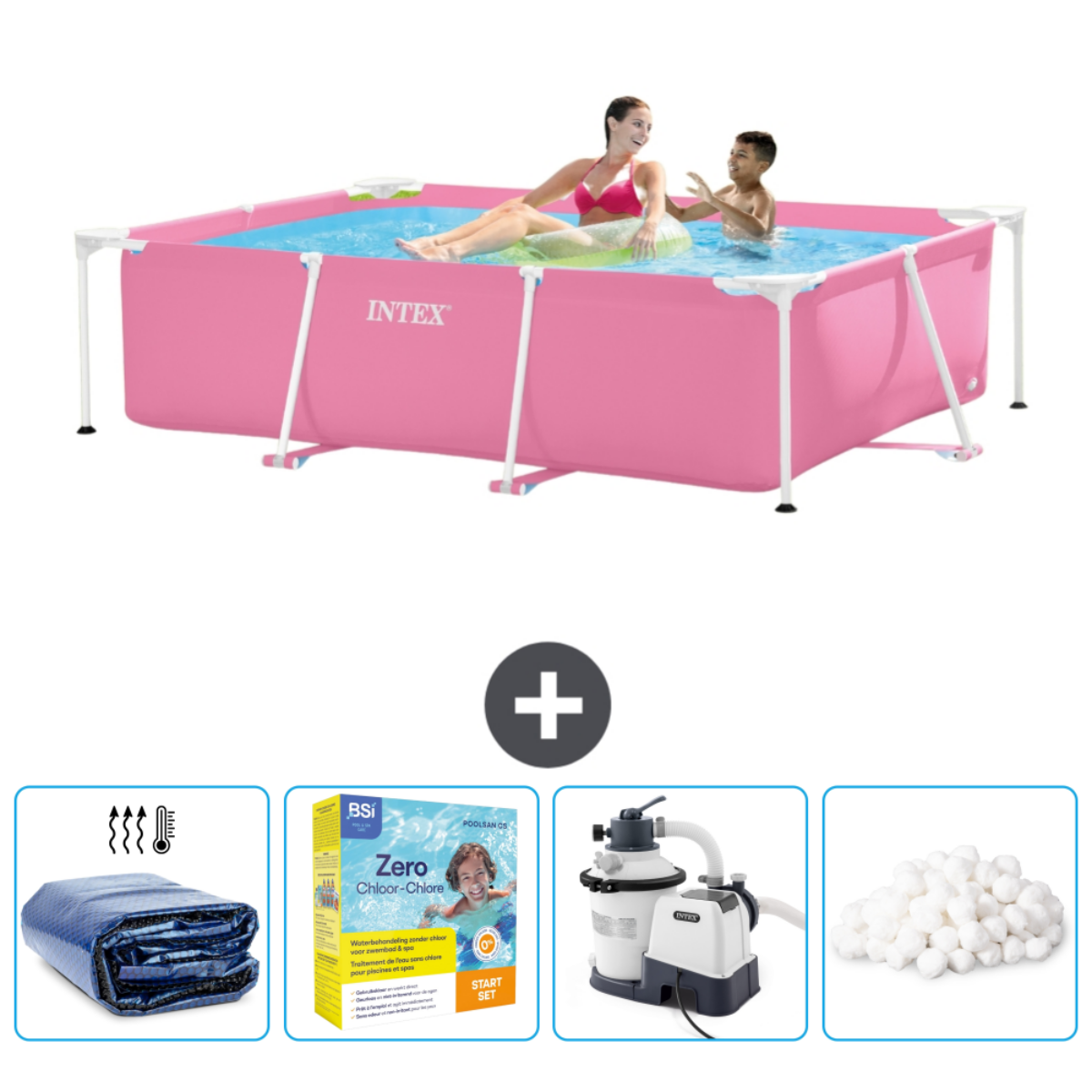 Pink pool with people. Accessories include cover, chlorine tablets, pump and mat.