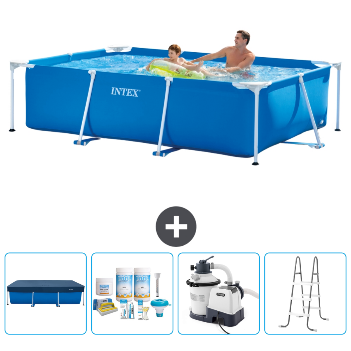 Family in a rectangular blue Intex pool with accessories: cover, chemicals, filter, and ladder.