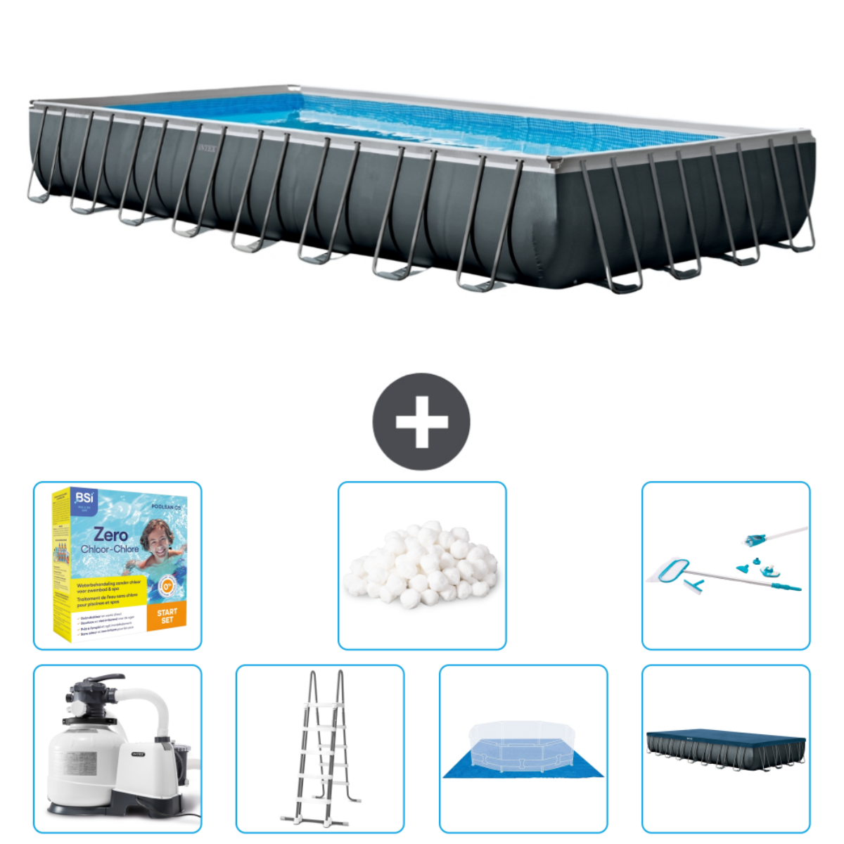 Rechthoekig zwembad met accessoires. Inclusief chemicaliën, filter, ladder en afdekzeil.