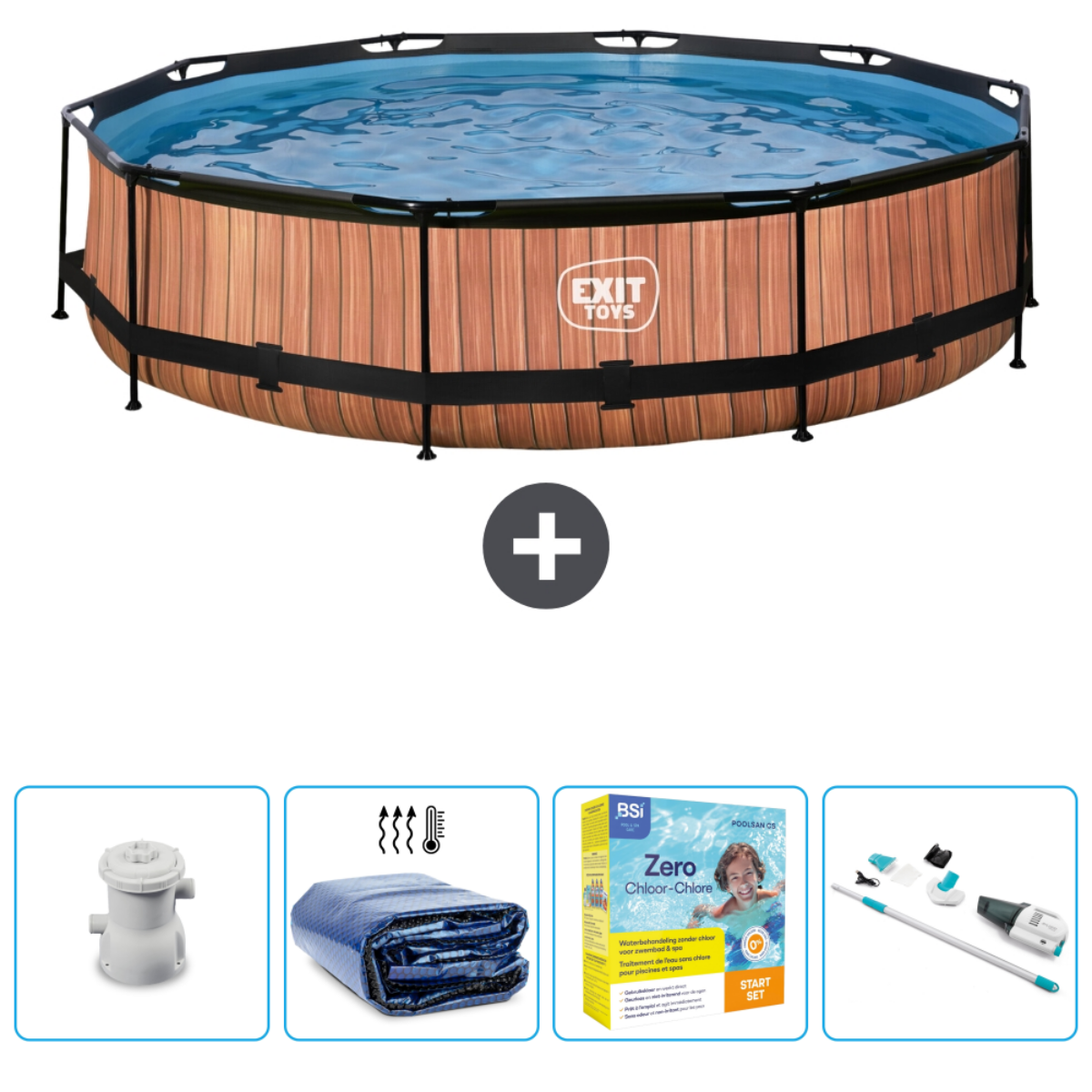 Piscine ovale avec côtés aspect bois, cadre noir et accessoires.