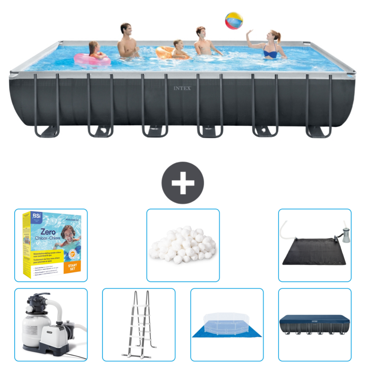 Gens nageant dans une piscine rectangulaire. Comprend produits chimiques, pompe, échelle et bâche.
