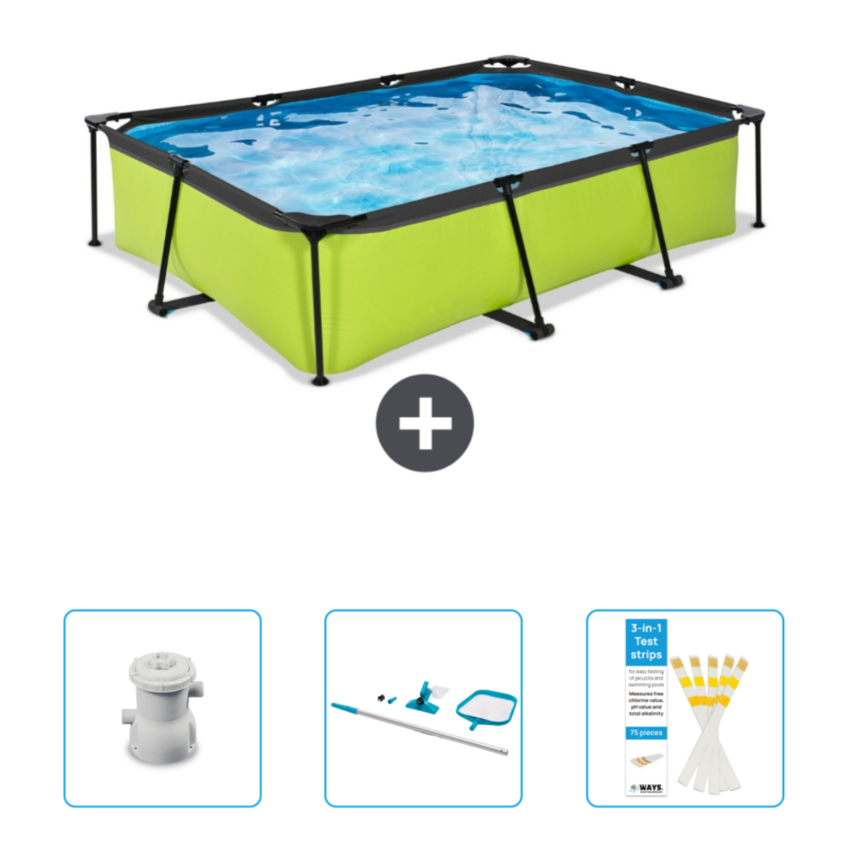 Groen rechthoekig zwembad met accessoires zoals filter, chemicaliën en teststrips.