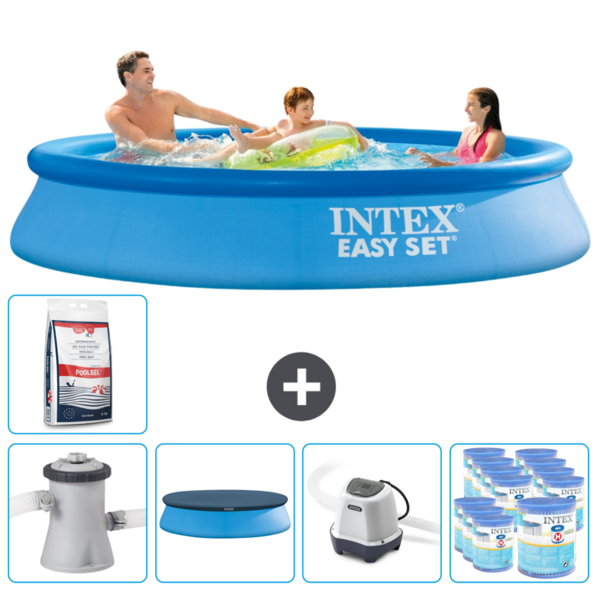 Piscine bleue avec personnes et accessoires. Personnes dans la piscine. Signe plus. Produits chimiques, pompe, bâche et pompe sont présentés.