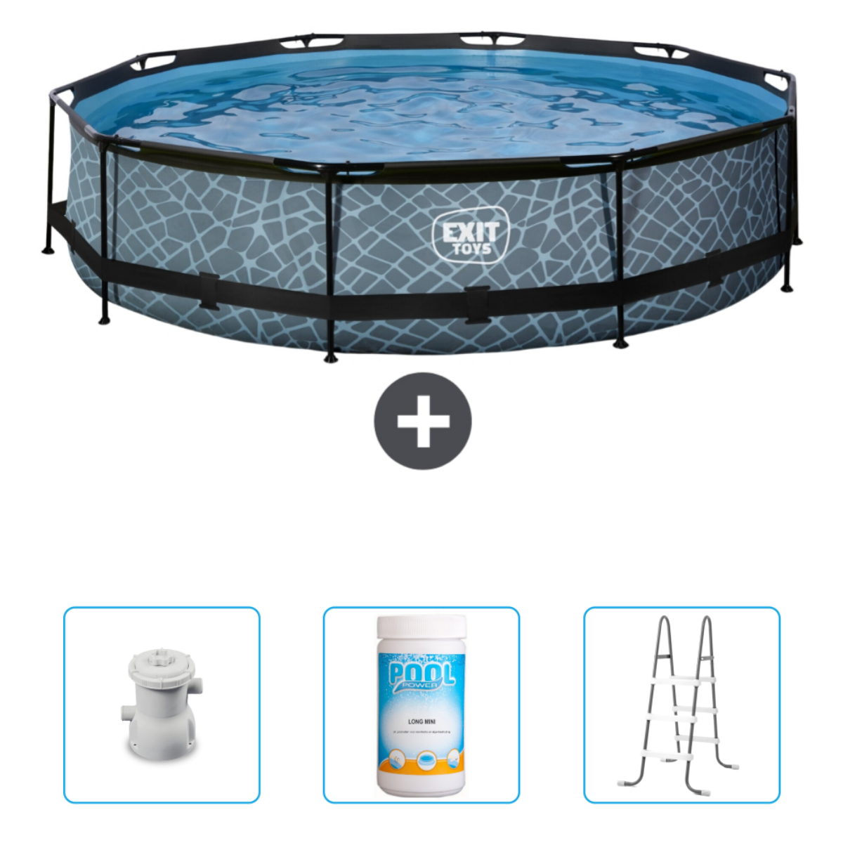 Piscine avec pompe, produits chimiques et échelle.