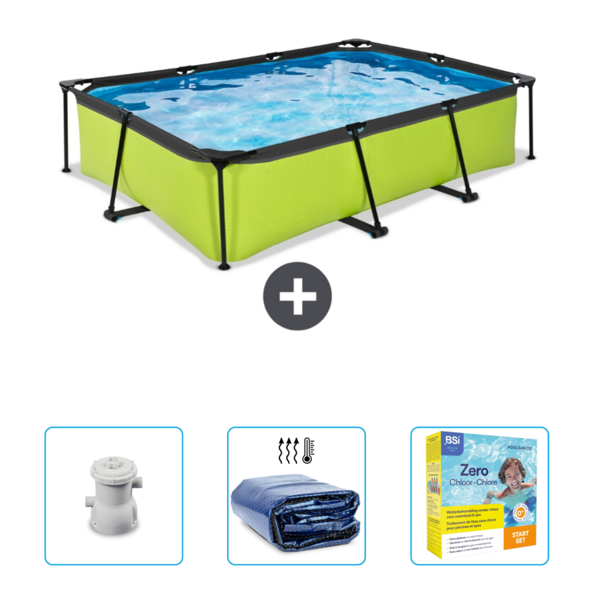 Ein rechteckiger Pool mit Wasser. Zubehör: Filter, Abdeckung und Chemikalien.