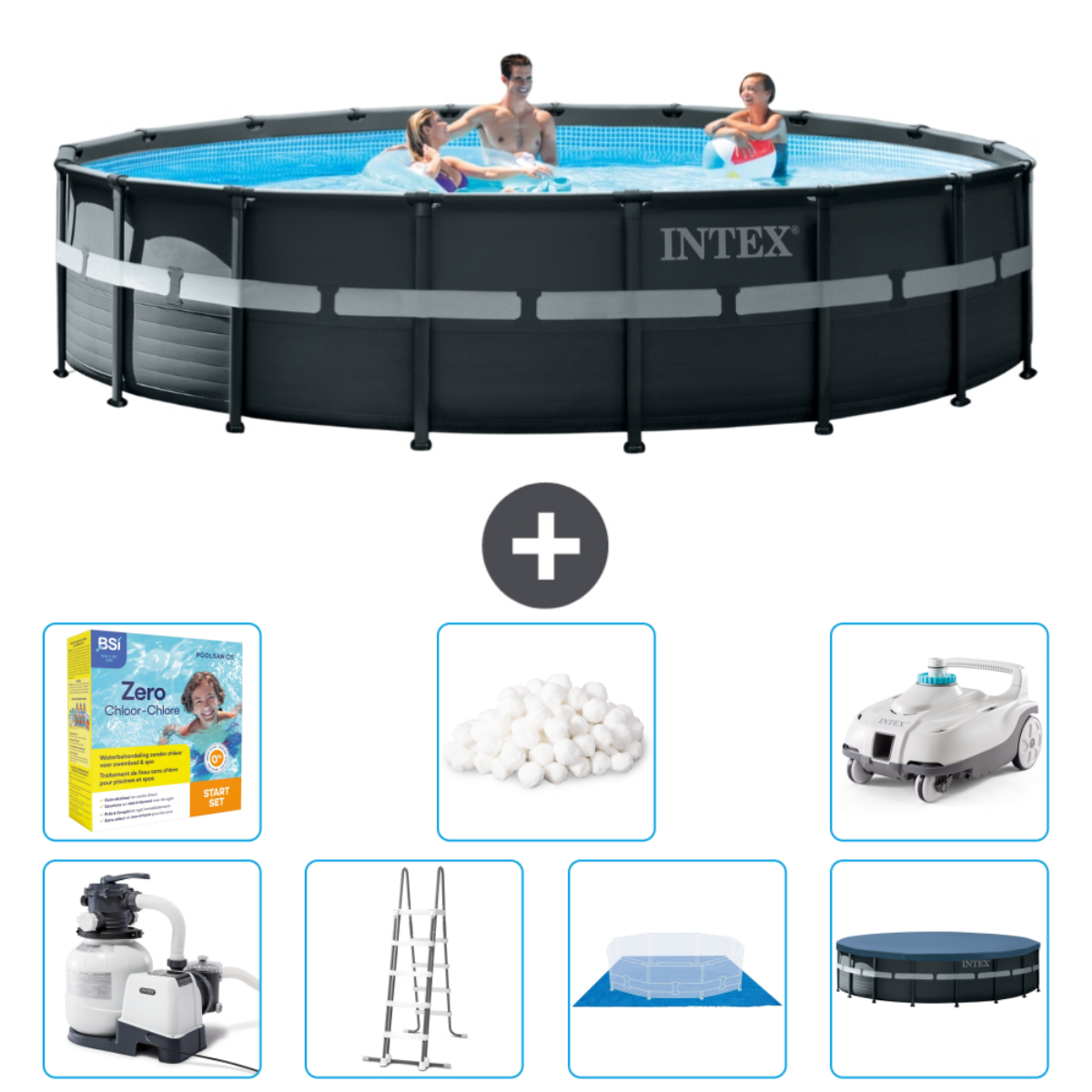 People swim in an Intex pool. Accessories: cleaning robot, ladder, chemicals and cover.