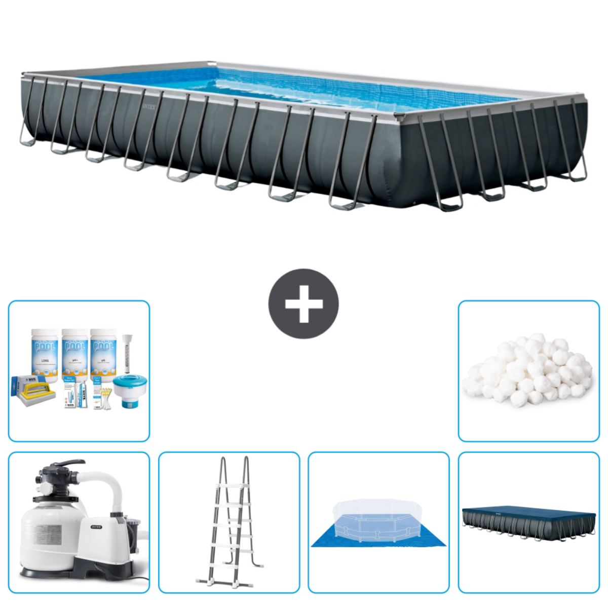 Piscine Intex rectangulaire grise. Comprend produits chimiques, pompe, échelle, bâche et filtre.
