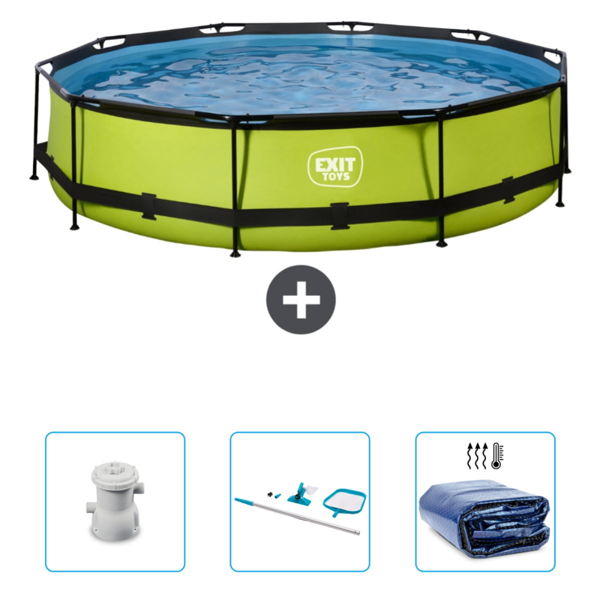 Groen en zwart omkaderd zwembad met accessoires. Water in het zwembad. EXIT TOYS logo.