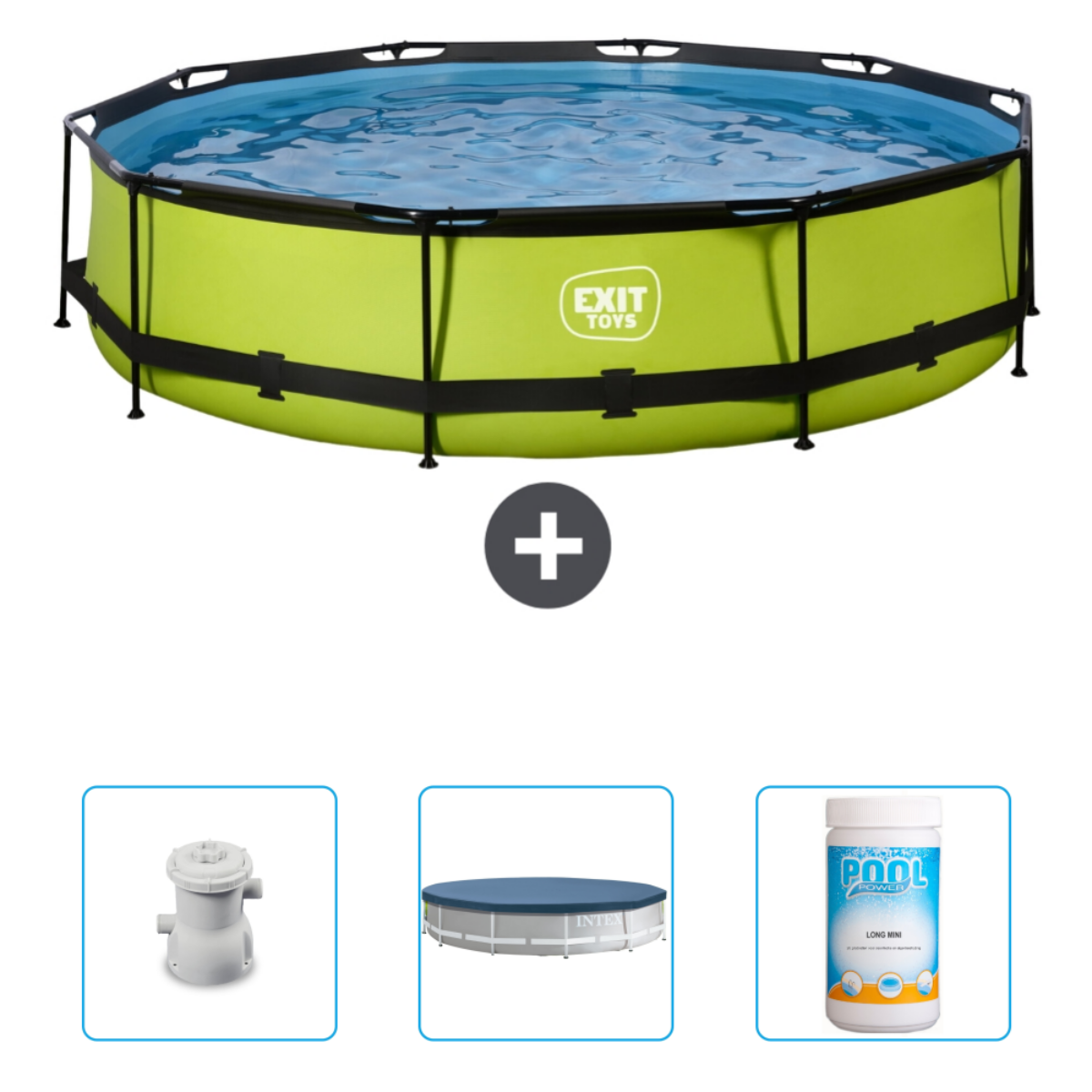 Groen bovengronds zwembad met accessoires. Inclusief pomp, afdekking en chemicaliën.