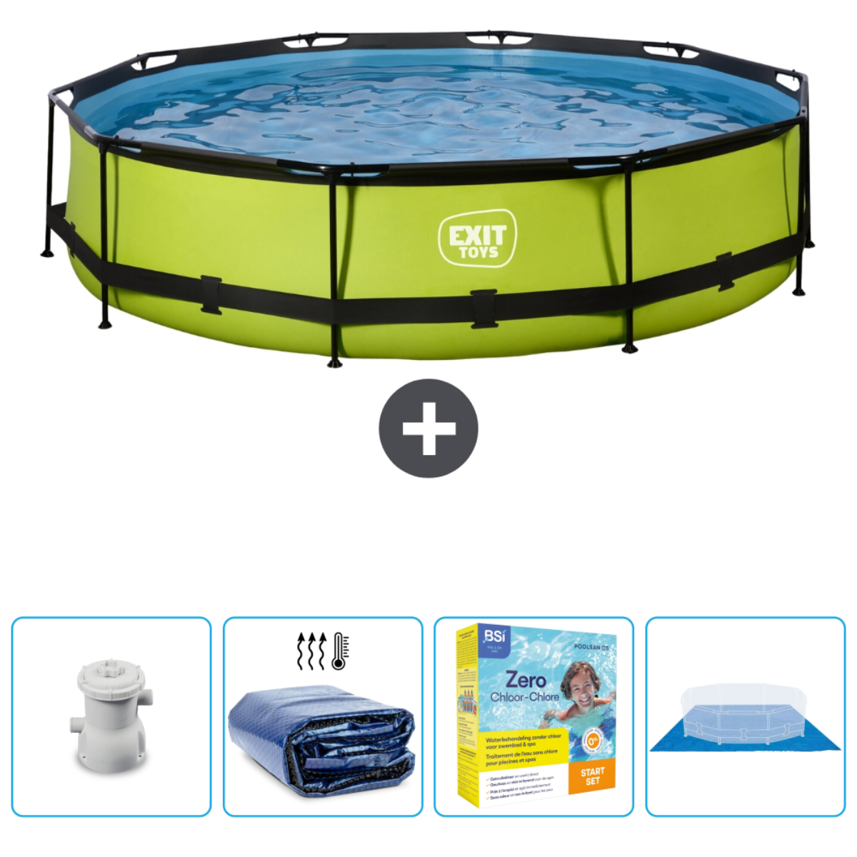Groen zwembad met water, een plus en vier kleinere afbeeldingen van accessoires.