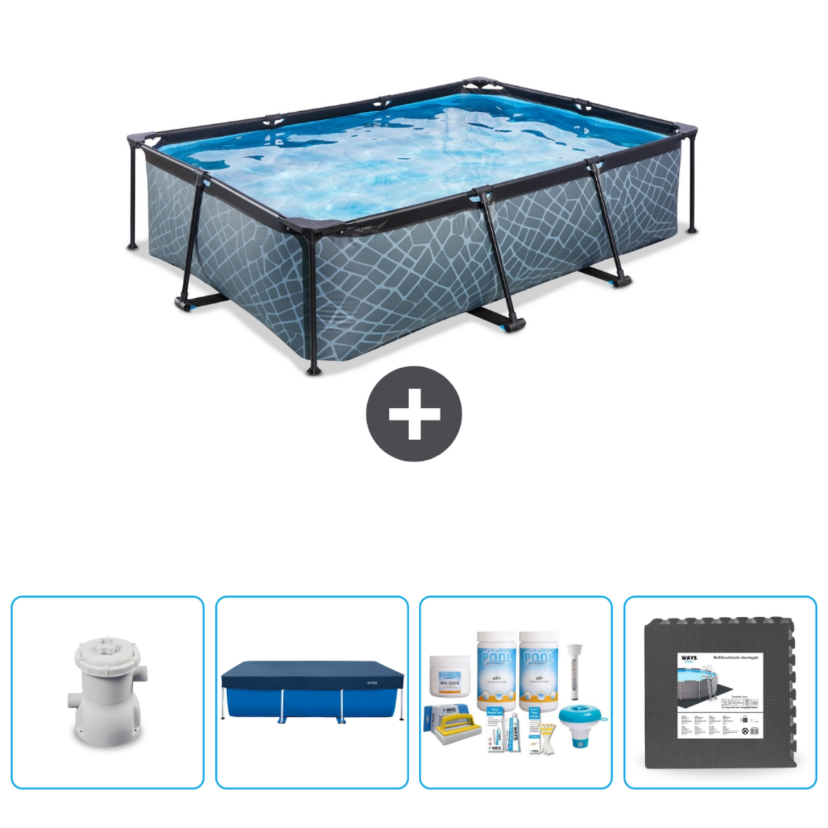 Rechthoekig zwembad met accessoires zoals filter, afdekzeil, chemicaliën en vloertegels.