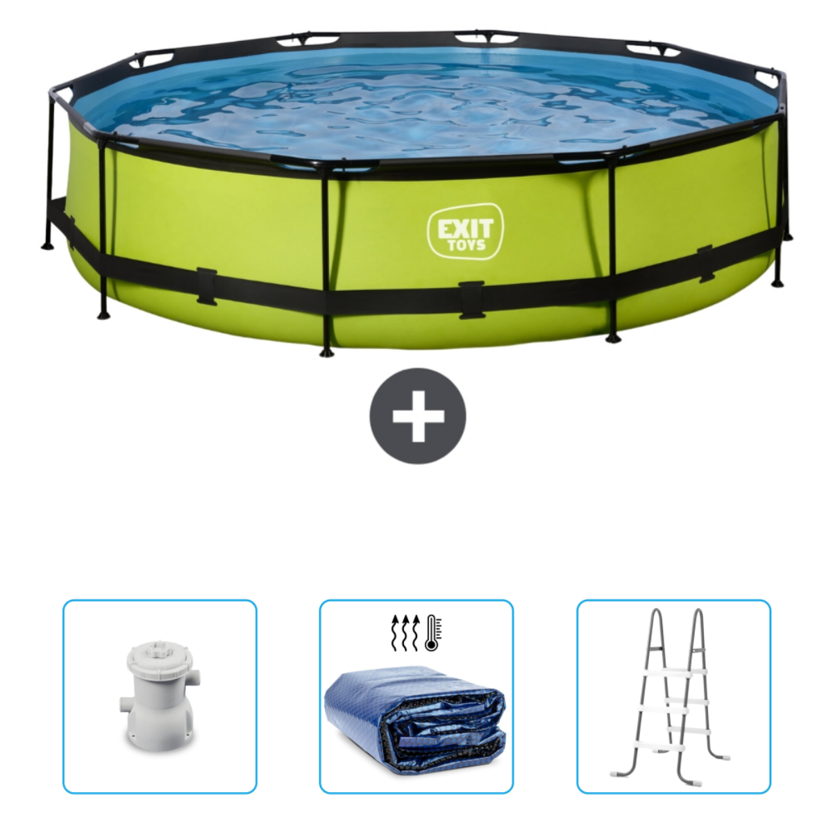 Een achthoekige groene pool met accessoires. Een plusteken scheidt de pool en de accessoires.