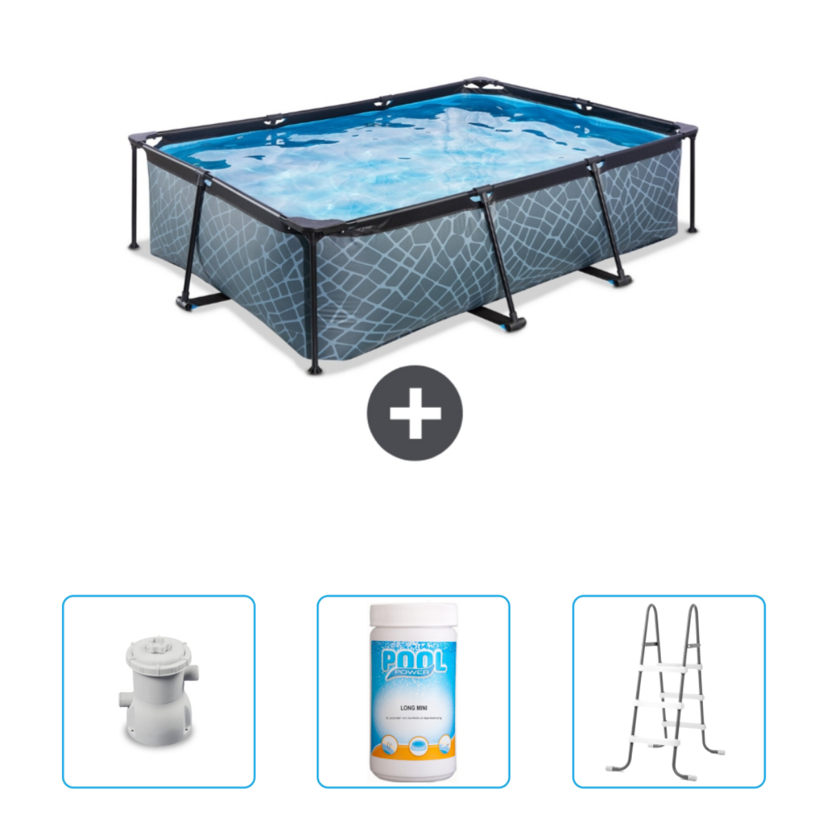 Une piscine rectangulaire avec des côtés à motifs gris. Comprend filtre, produits chimiques et échelle.