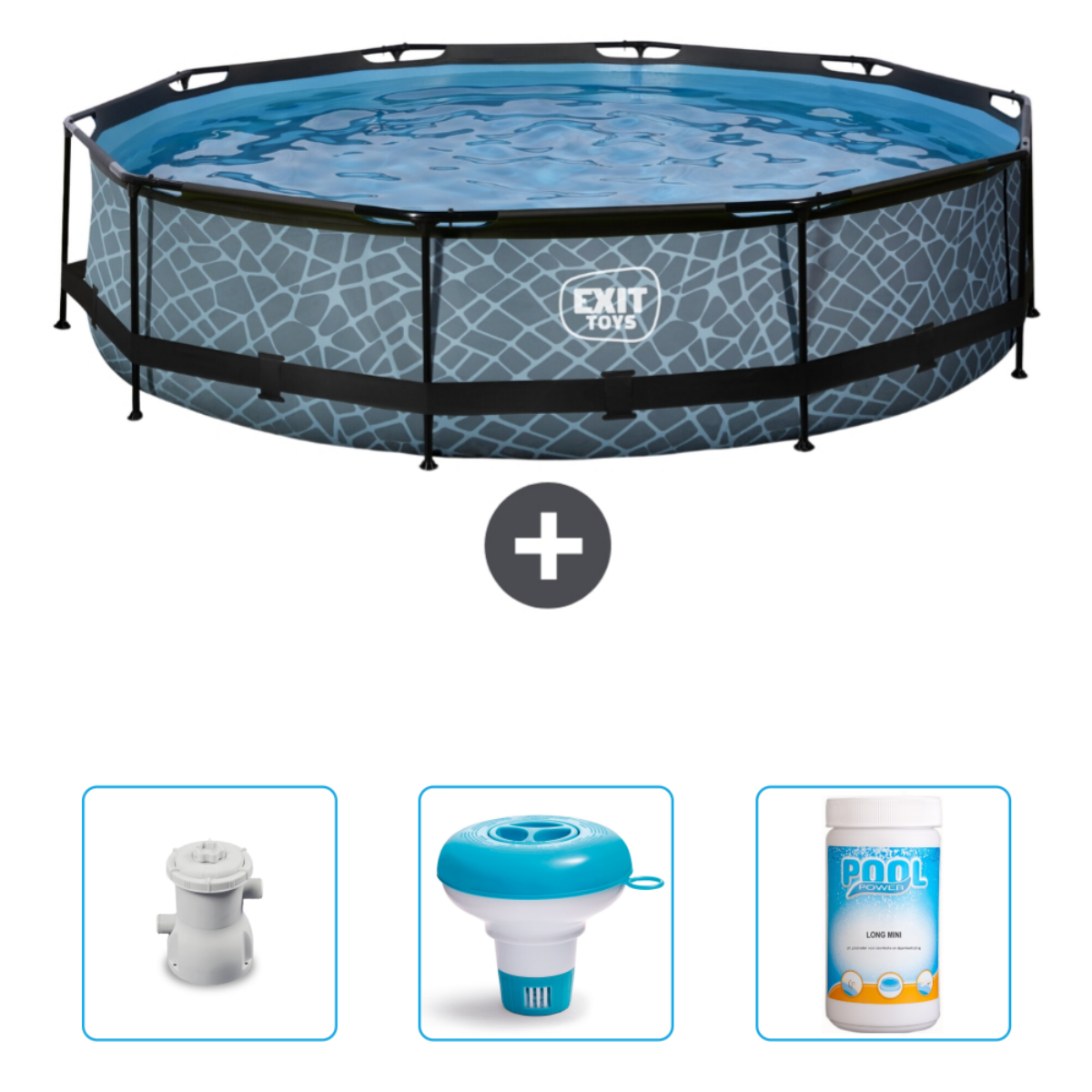 Personnes dans piscine grise. Inclut produits chimiques, filtre, flotteur, nettoyants.