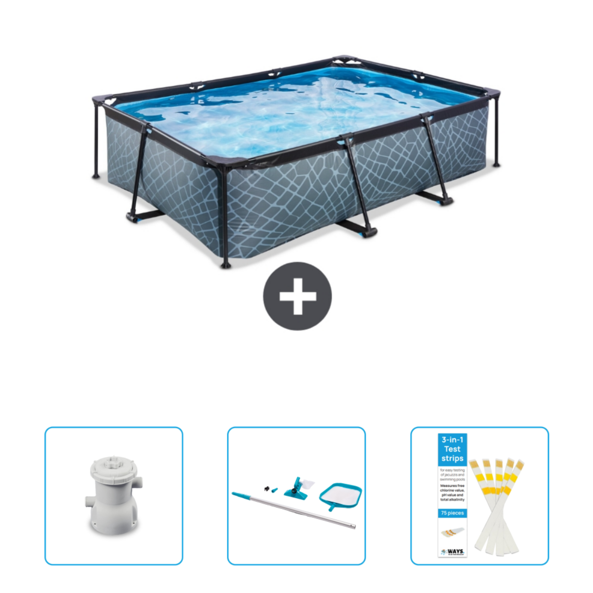 Zwembad met geometrisch patroon met accessoires. Inclusief filter, schoonmaakaccessoires en teststrips.