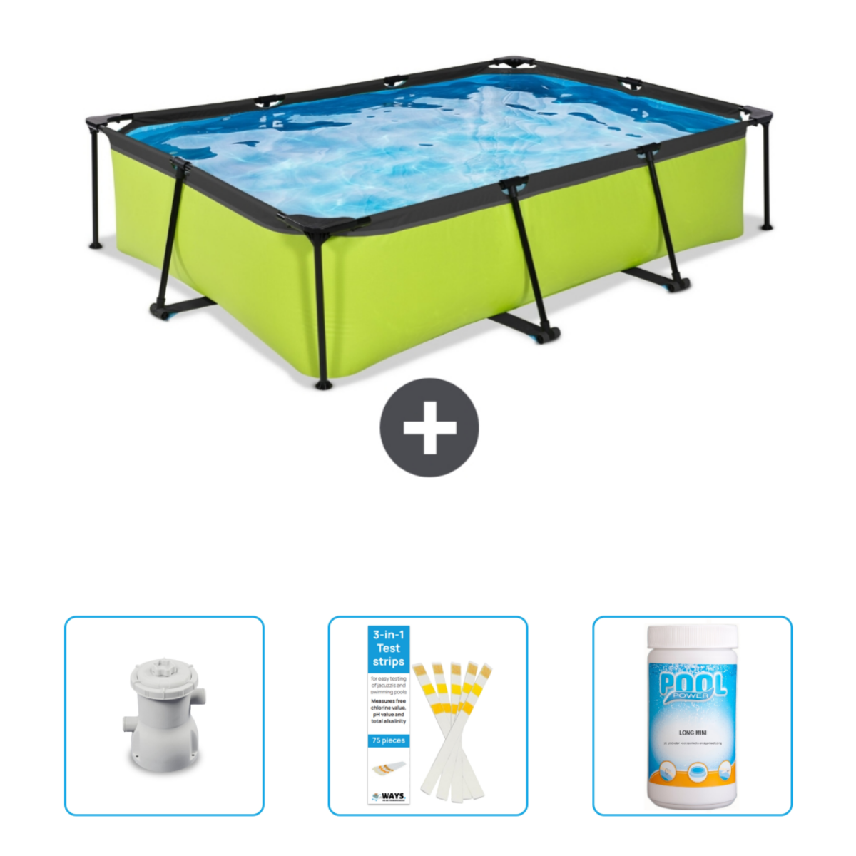 Piscine verte et noire avec accessoires. Signe plus. Pompe, bandelettes et produits chimiques sont présentés. Fond blanc.