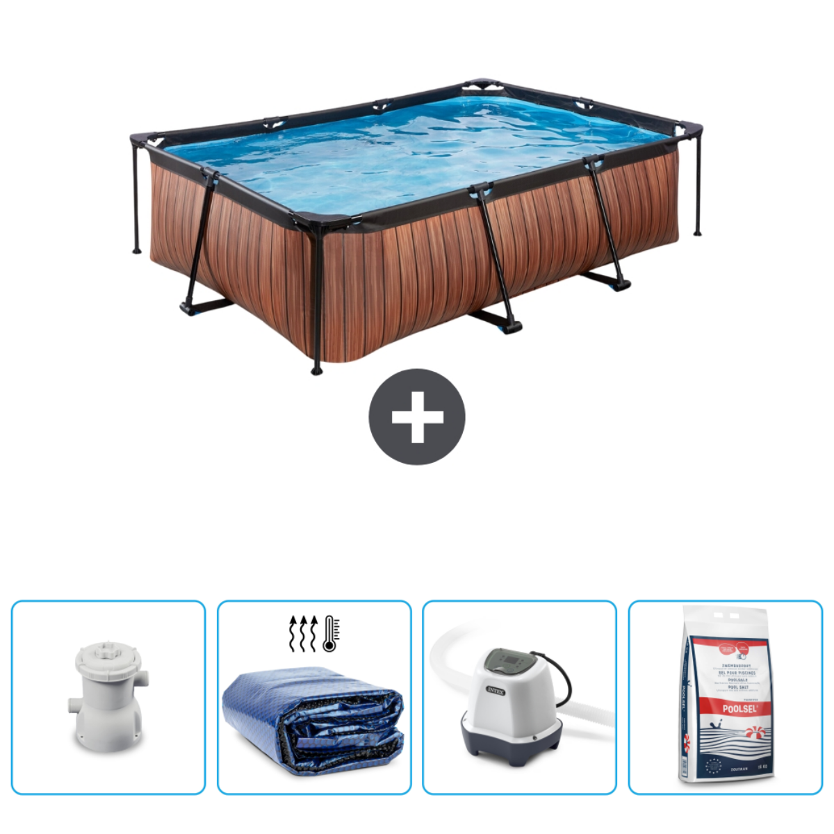 Rechthoekig zwembad met houtlook, met accessoires eronder.