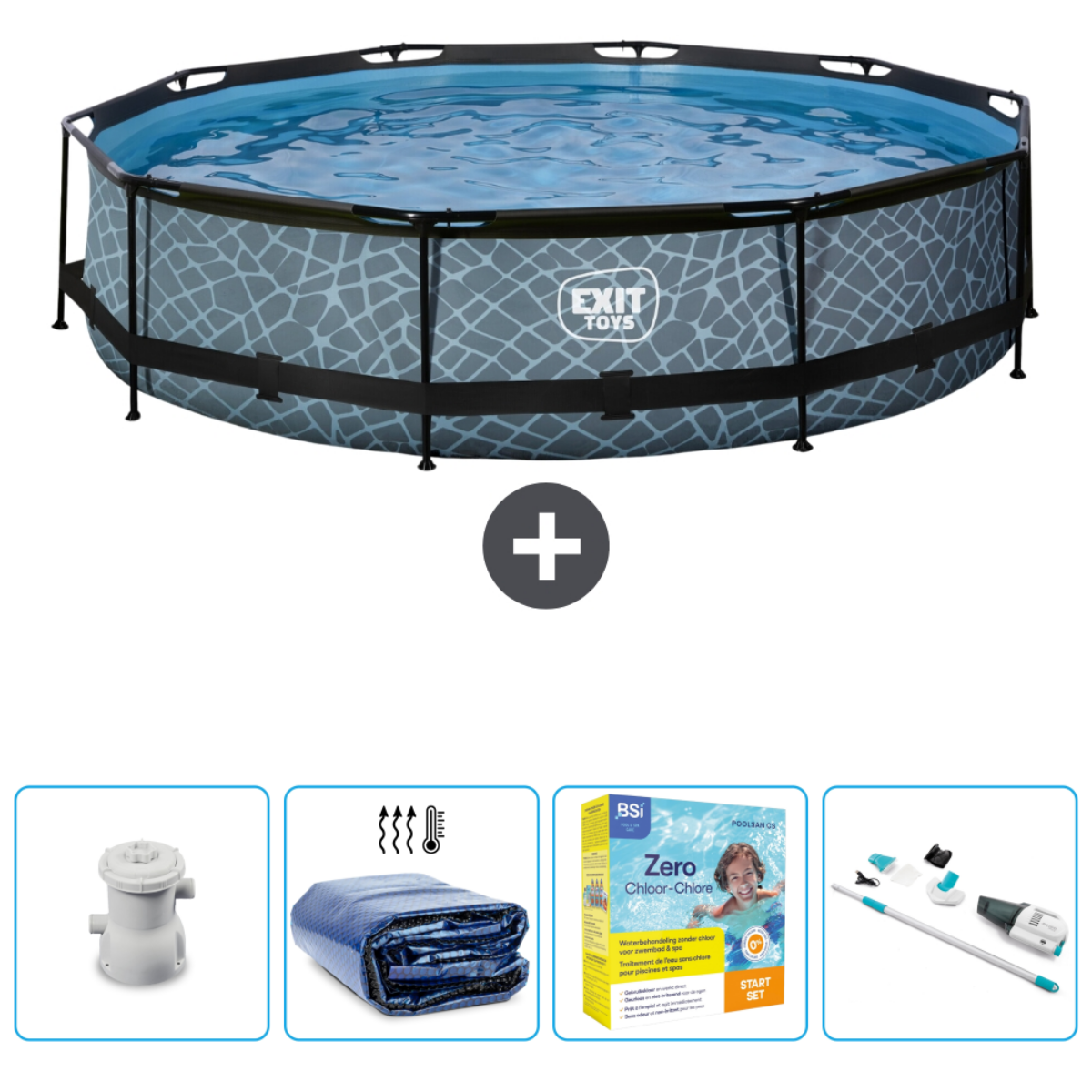 Piscine grise à motifs avec accessoires. Comprend pompe, bâche, kit et bandelettes.