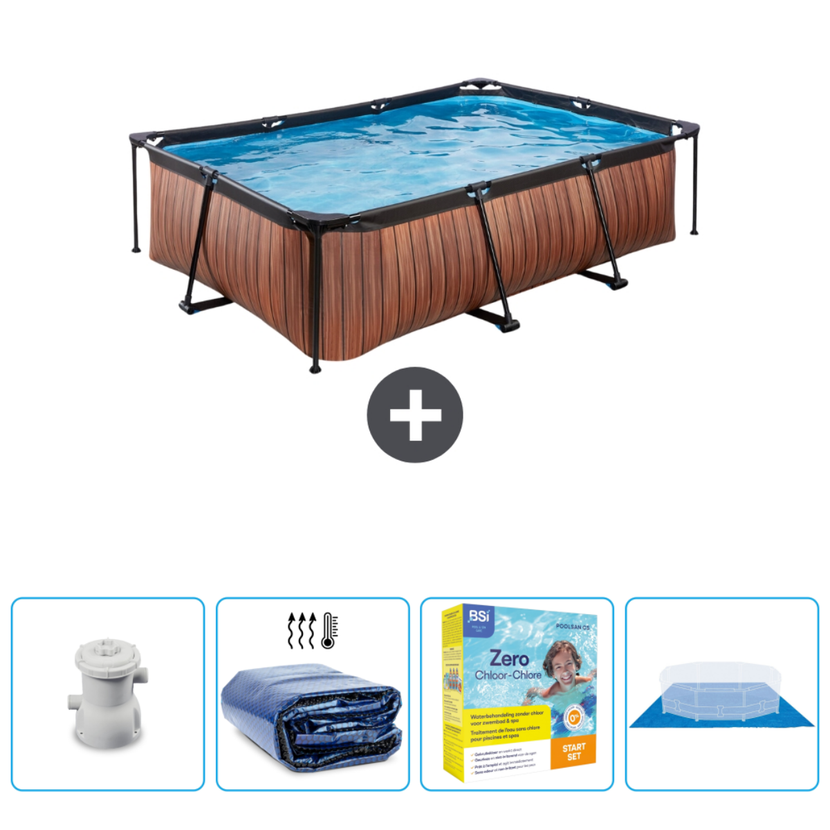 Rechthoekig zwembad met mensen erin. Accessoires: filter, afdekzeil en chloortabletten.