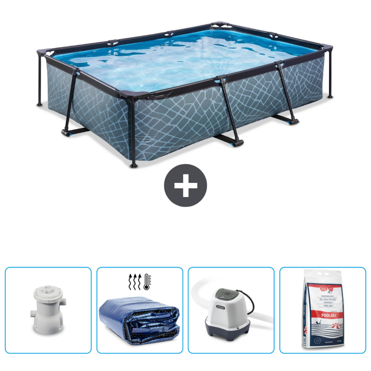 Rechthoekig zwembad met accessoires: filter, afdekzeil, pomp en chemicaliën. Het bad heeft een design.