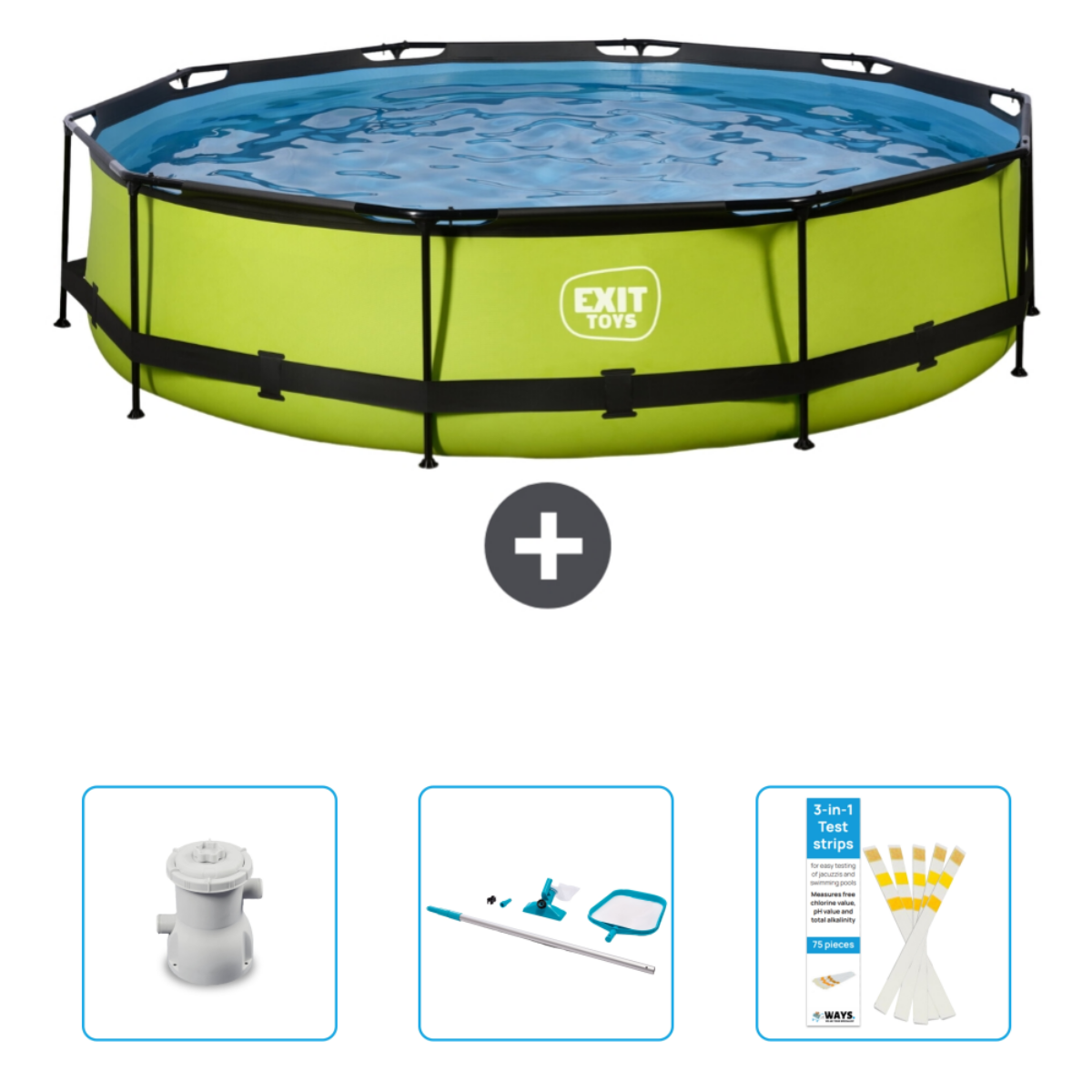 Une piscine hors sol avec accessoires. La piscine est verte avec des supports noirs et l'eau est bleue.