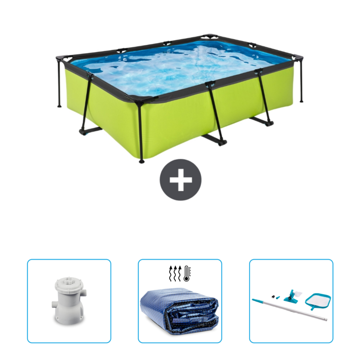 Rechteckiger grüner Pool mit Zubehör.