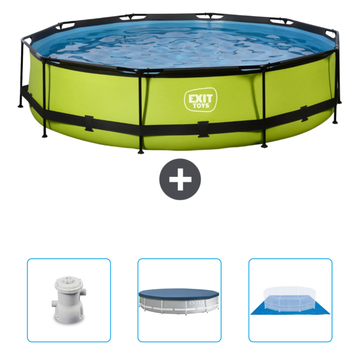 Grüner Pool mit Zubehör. Filter, Abdeckung und blaue Unterlage.