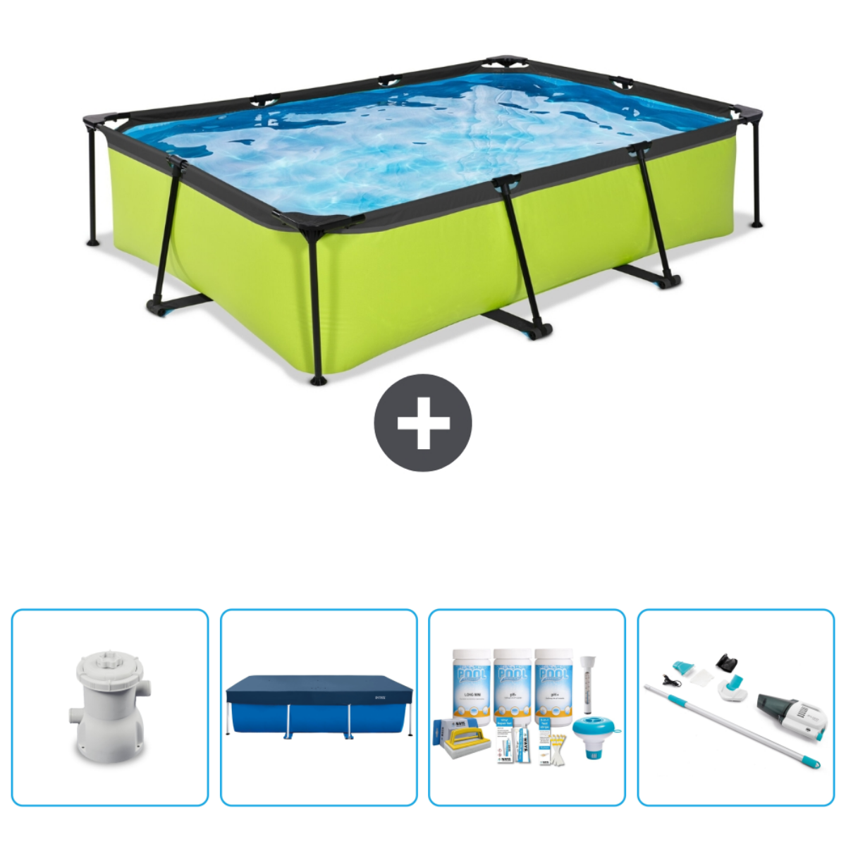 A rectangular above-ground pool with accessories. The pool is green with black supports, water is blue.