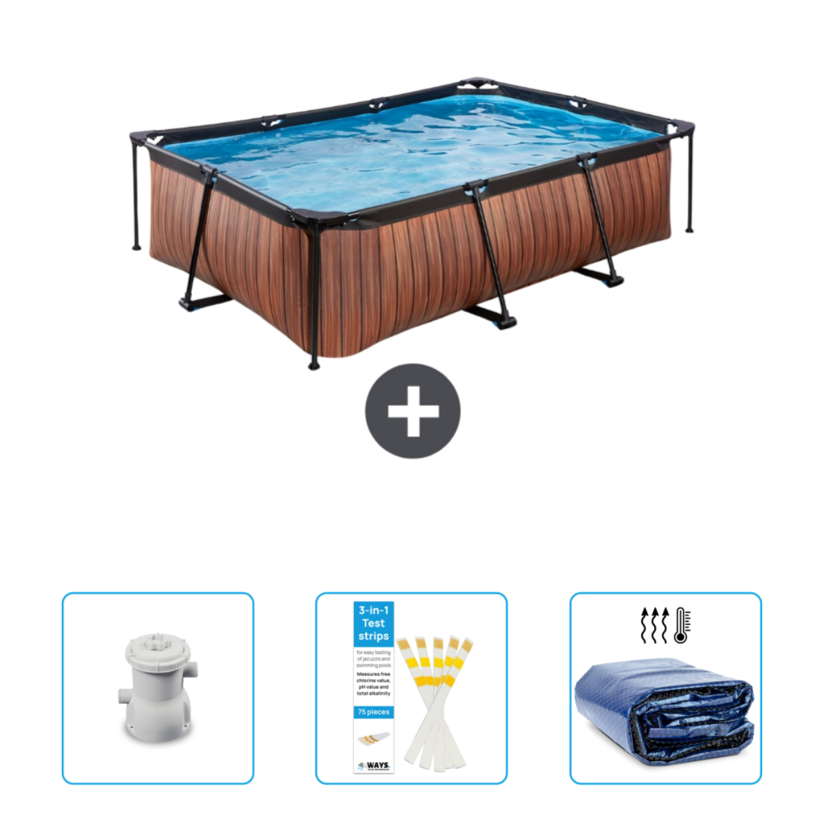 Une piscine rectangulaire aspect bois avec accessoires. Comprend pompe, bandelettes de test et bâche.