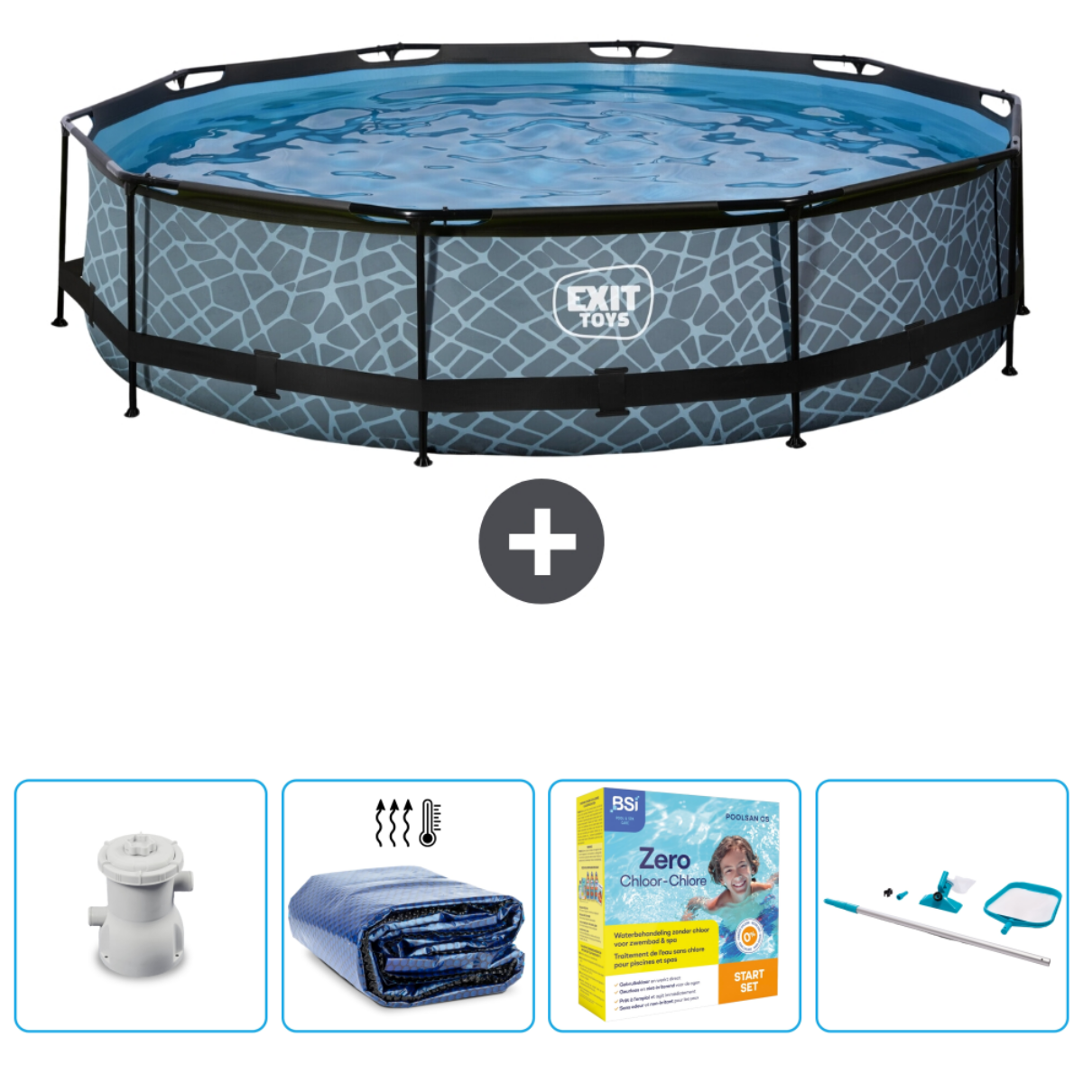 Piscine octogonale avec côtés gris à motifs, cadre noir et accessoires.