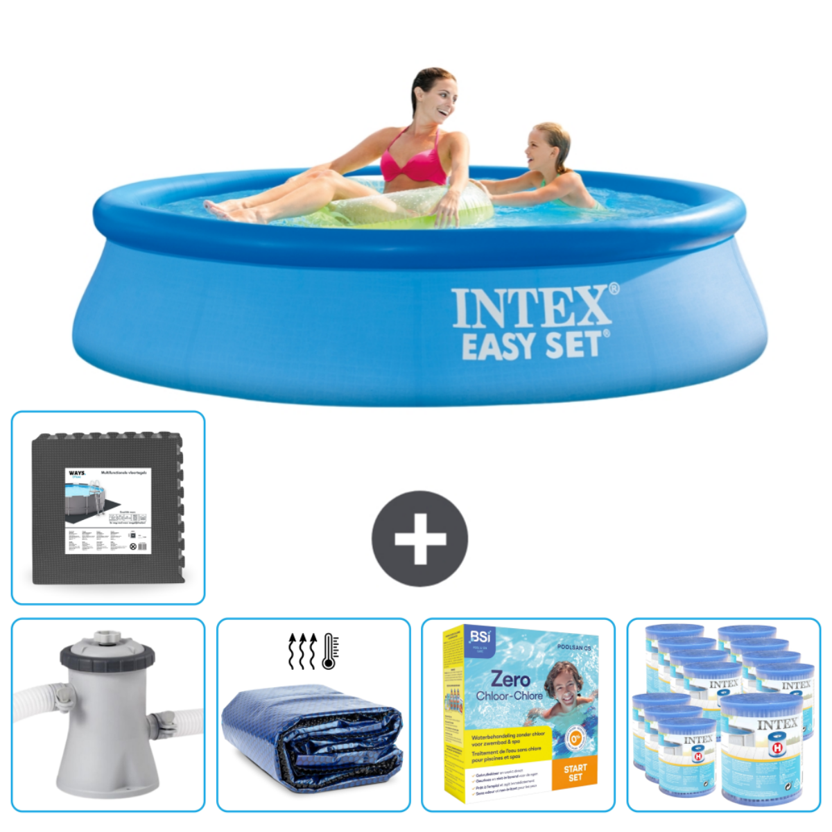 Personnes dans une piscine bleue Intex. Accessoires: filtre, couverture, tablettes de chlore et tapis.