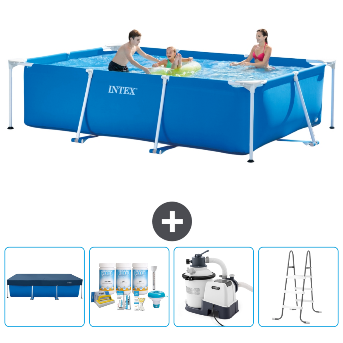 Rectangular blue pool with people in it, plus accessories. People are swimming.
