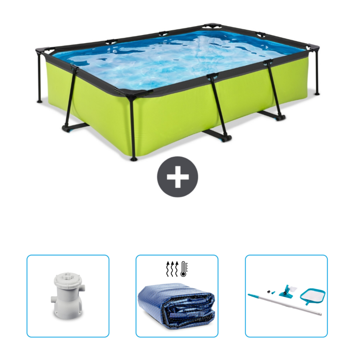 Groen Intex zwembad. Accessoires: filter, afdekzeil en een zwembad reinigingsset.