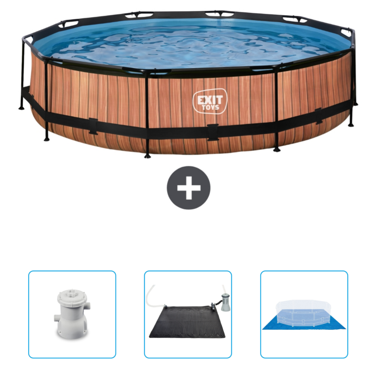 Une piscine hors sol avec accessoires : pompe, tapis solaire et couverture.