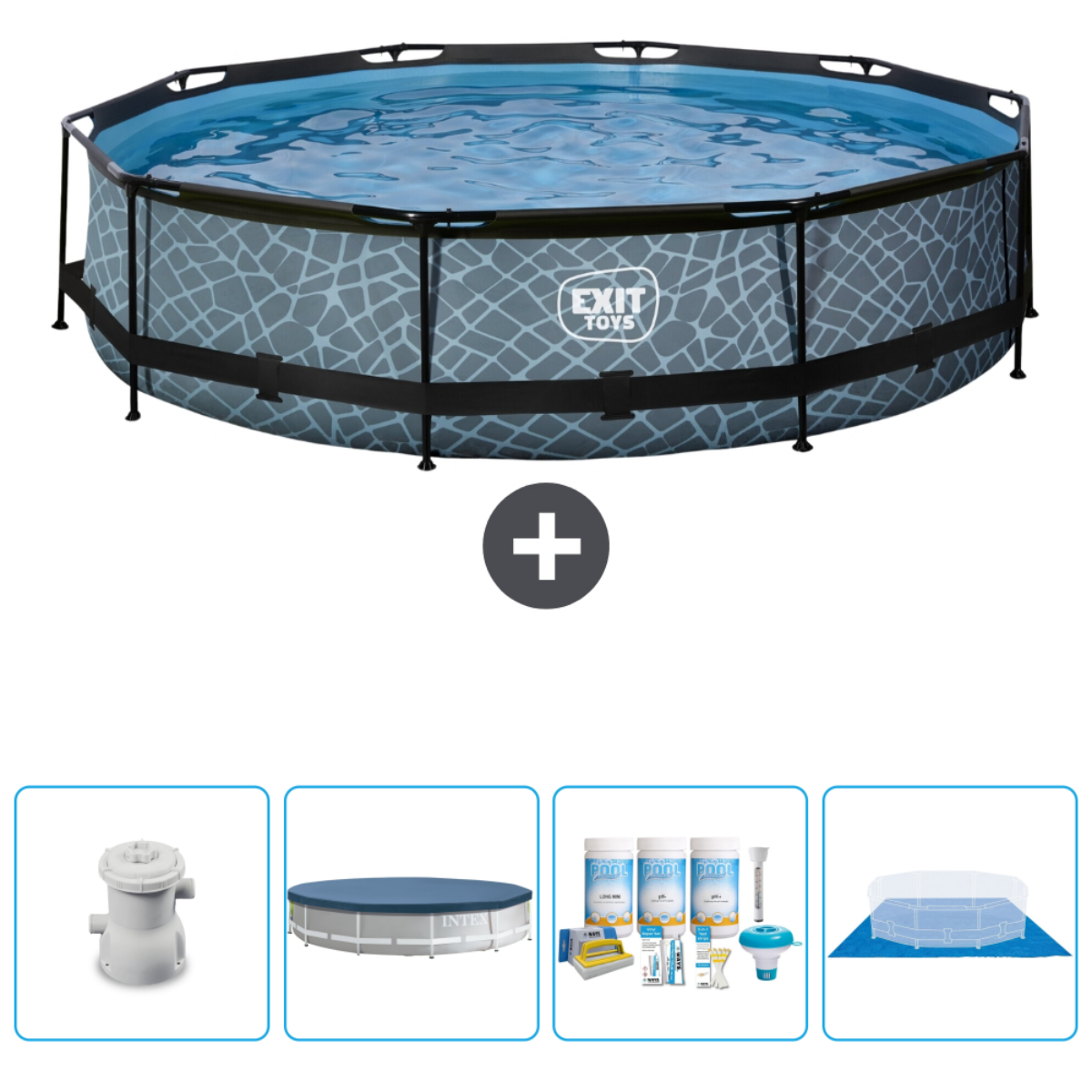 Grijs patroon zwembad met water, een plus en vier kleinere accessoires afbeeldingen.