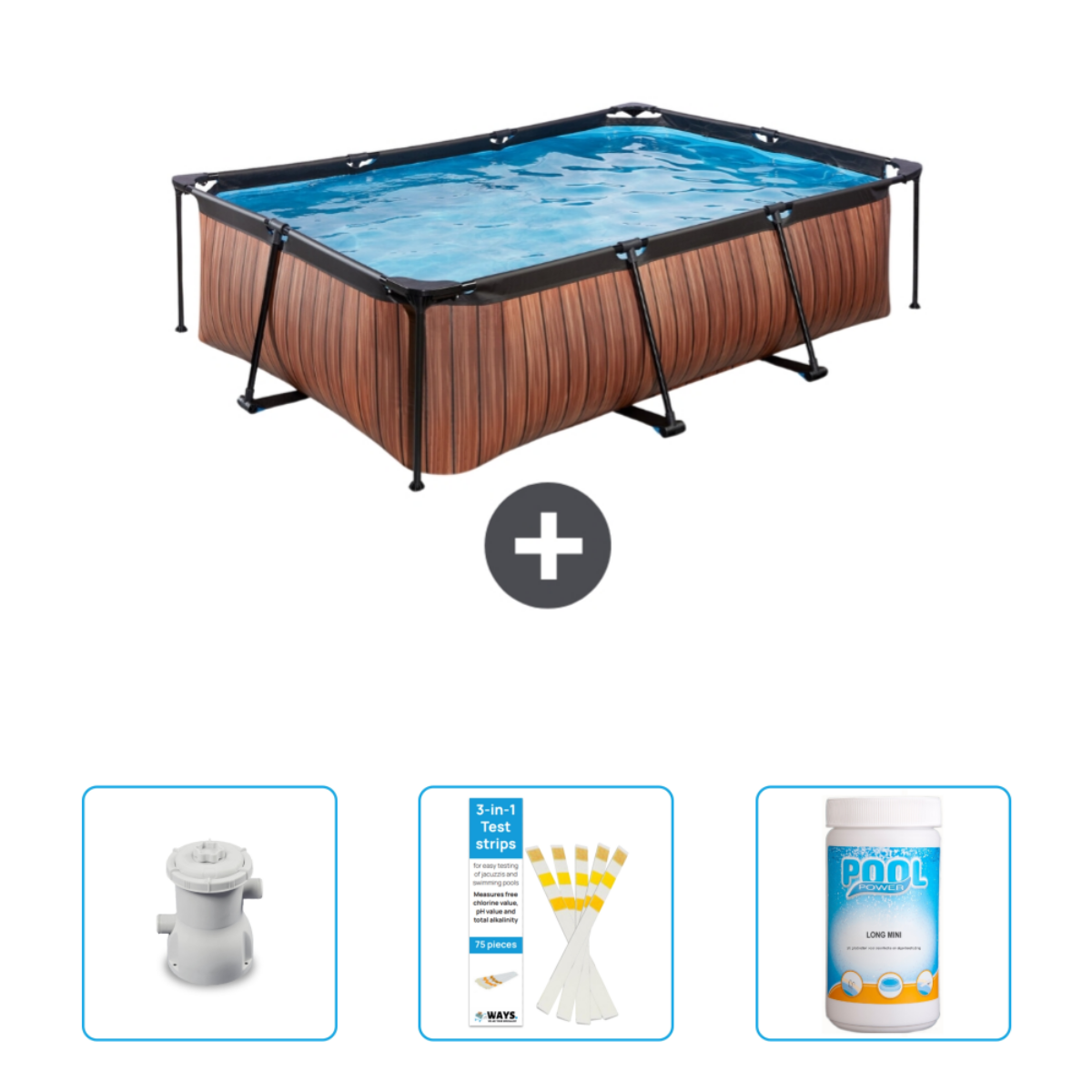 Piscine rectangulaire aspect bois avec accessoires, dont pompe, bandelettes de test et traitement de l'eau.