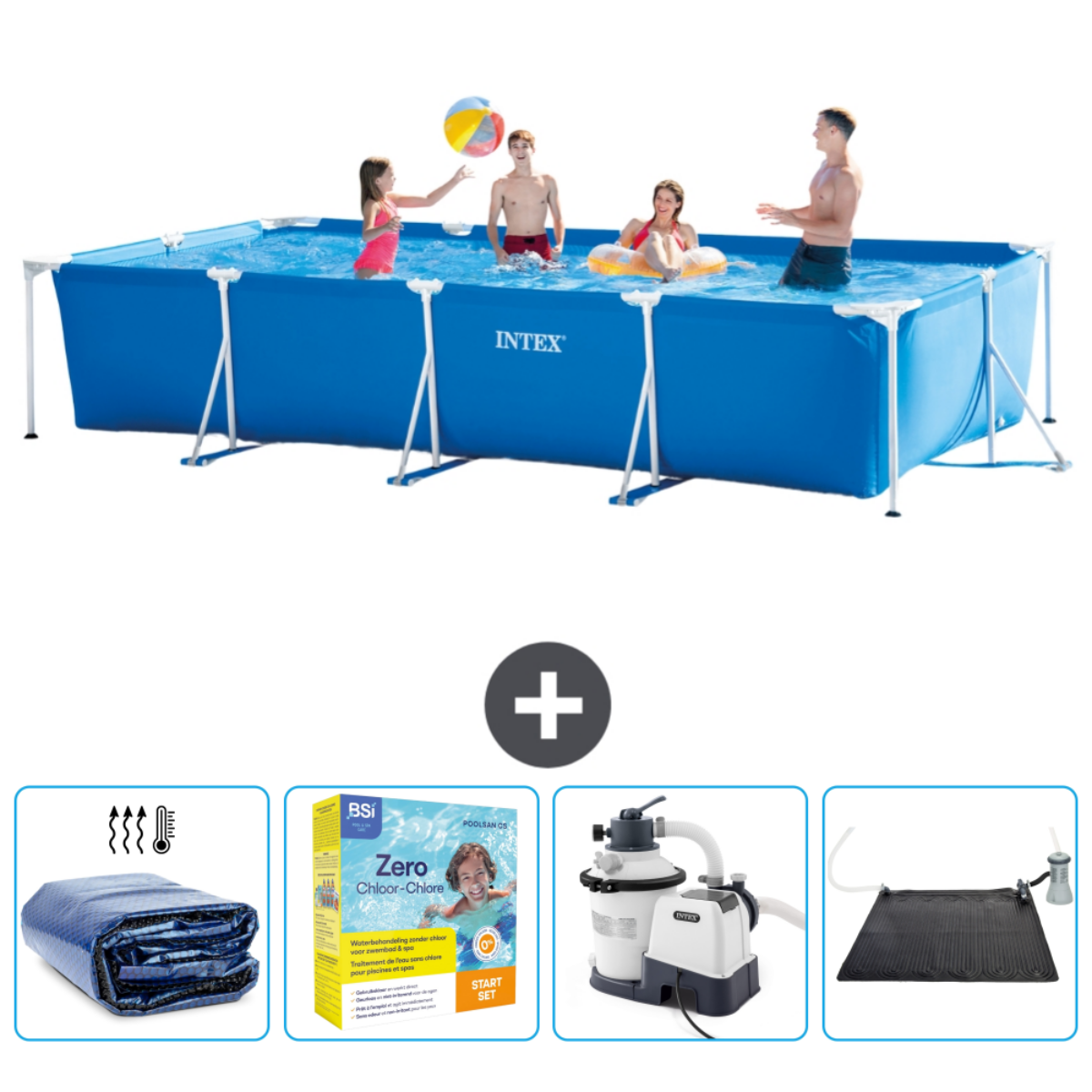 Rectangular pool with people swimming, accessories: cover, chemicals, filter, and solar panel.