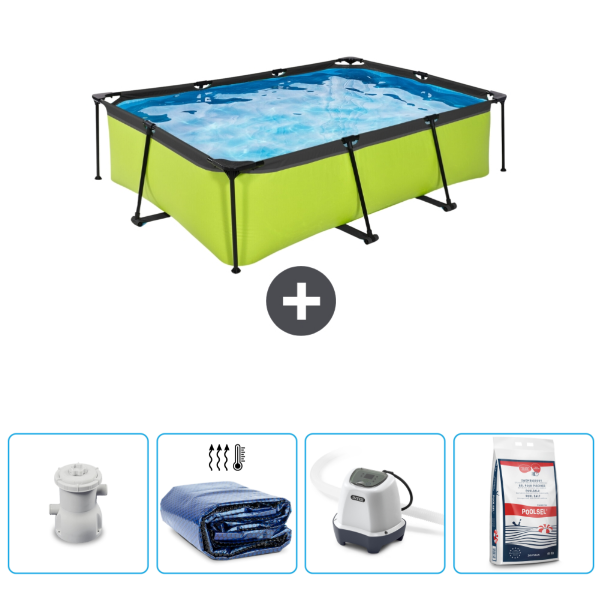 Groen zwembad met water, een plus en vier accessoires afbeeldingen eronder.