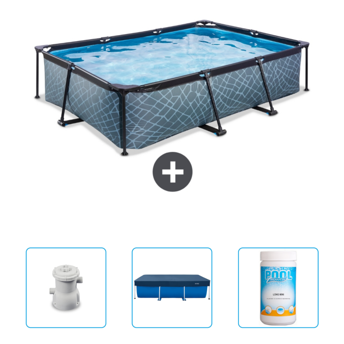 Piscine rectangulaire avec accessoires. Cadre à motifs gris et bleu. Accessoires : pompe, couverture, etc.