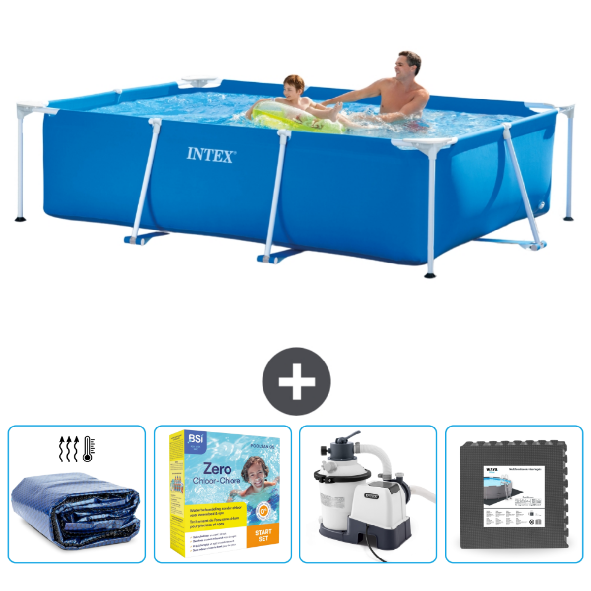 People in an Intex pool. Includes cover, cleaning supplies, filter, and ladder. Intex pool setup.