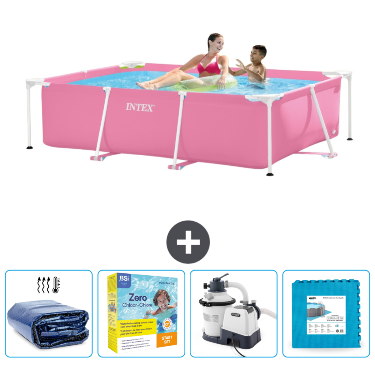 A pink rectangular pool with two people. Accessories includes a cover, chemicals, and a pump.