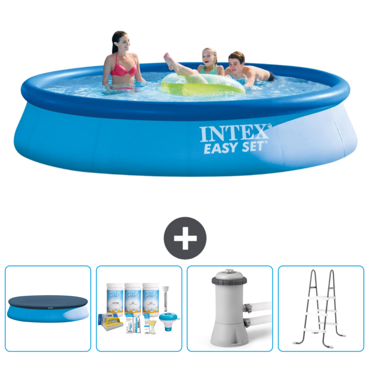 Trois personnes dans une piscine bleue avec accessoires. La piscine est ronde avec la marque INTEXT EASY SET.