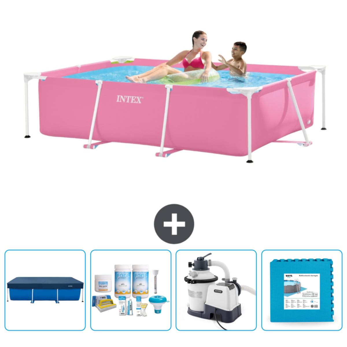 A pink rectangular pool with two people inside. Accessories are also shown.