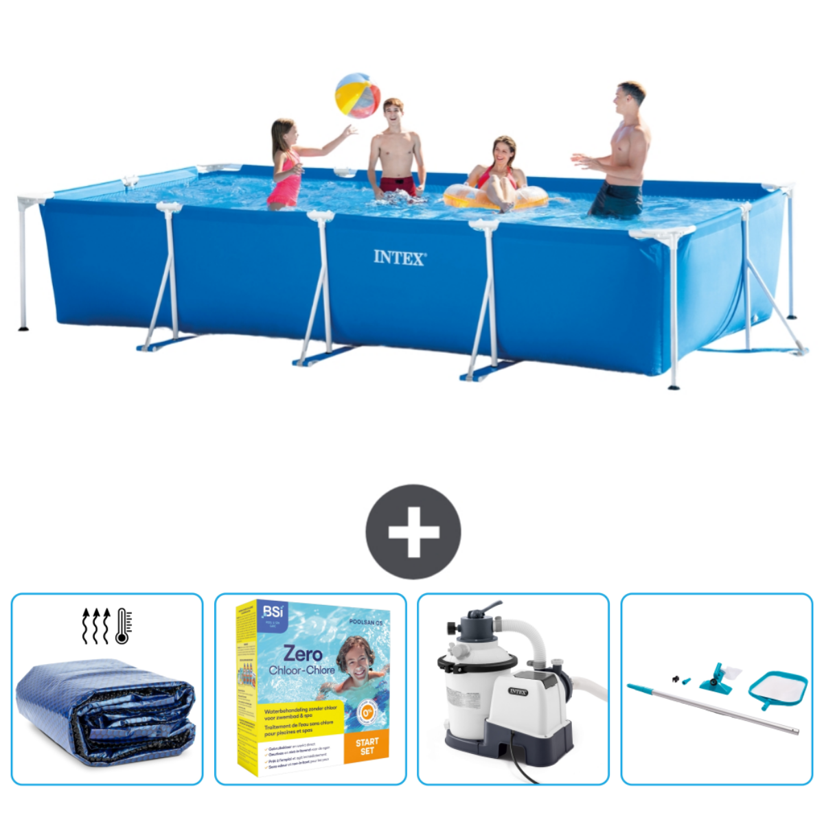 Blauer Intex-Pool mit vier Personen. Zubehör: Abdeckung, Chemikalien, Filter, Heizung und Poolreiniger.