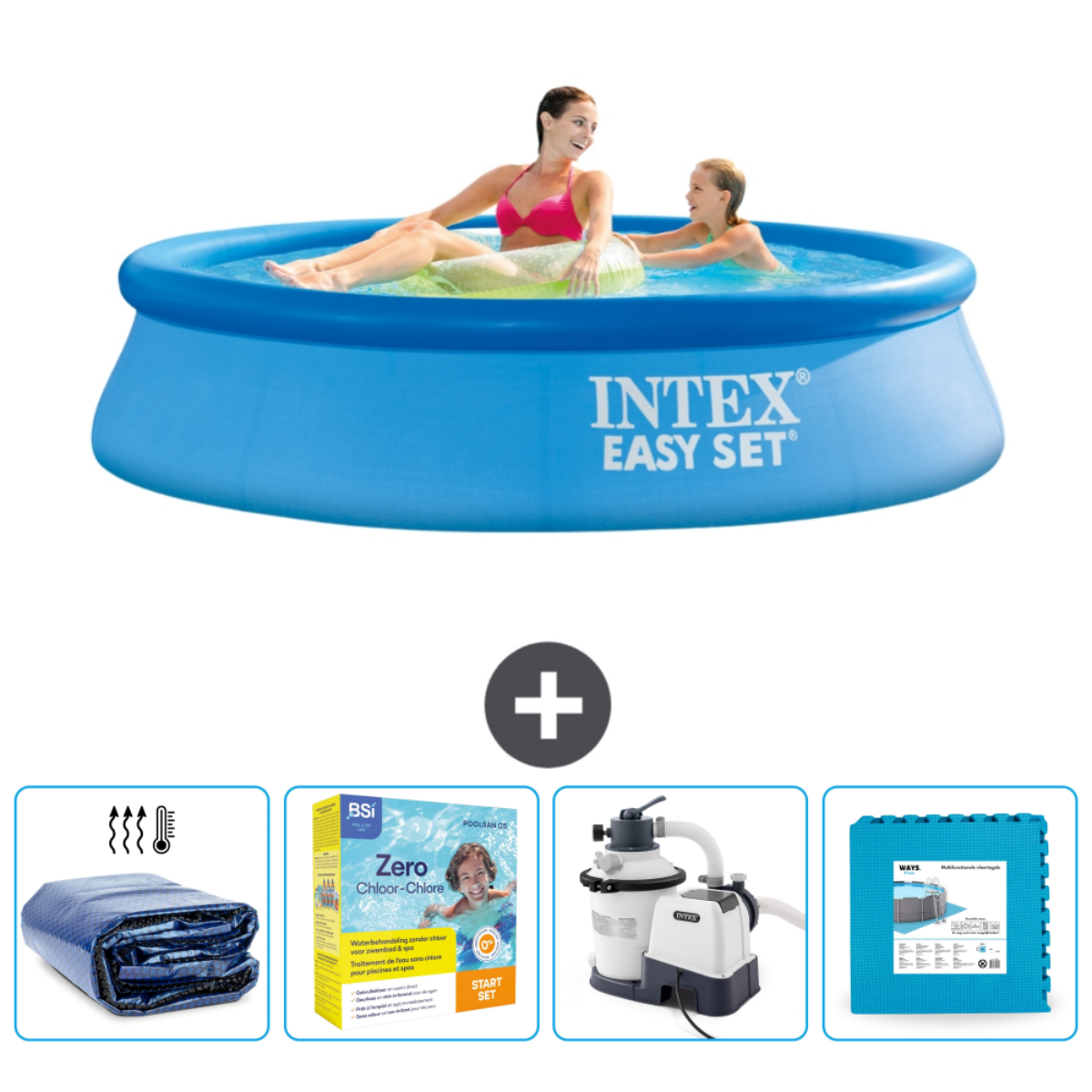 Piscine gonflable bleue avec des gens, plus accessoires et produits chimiques.