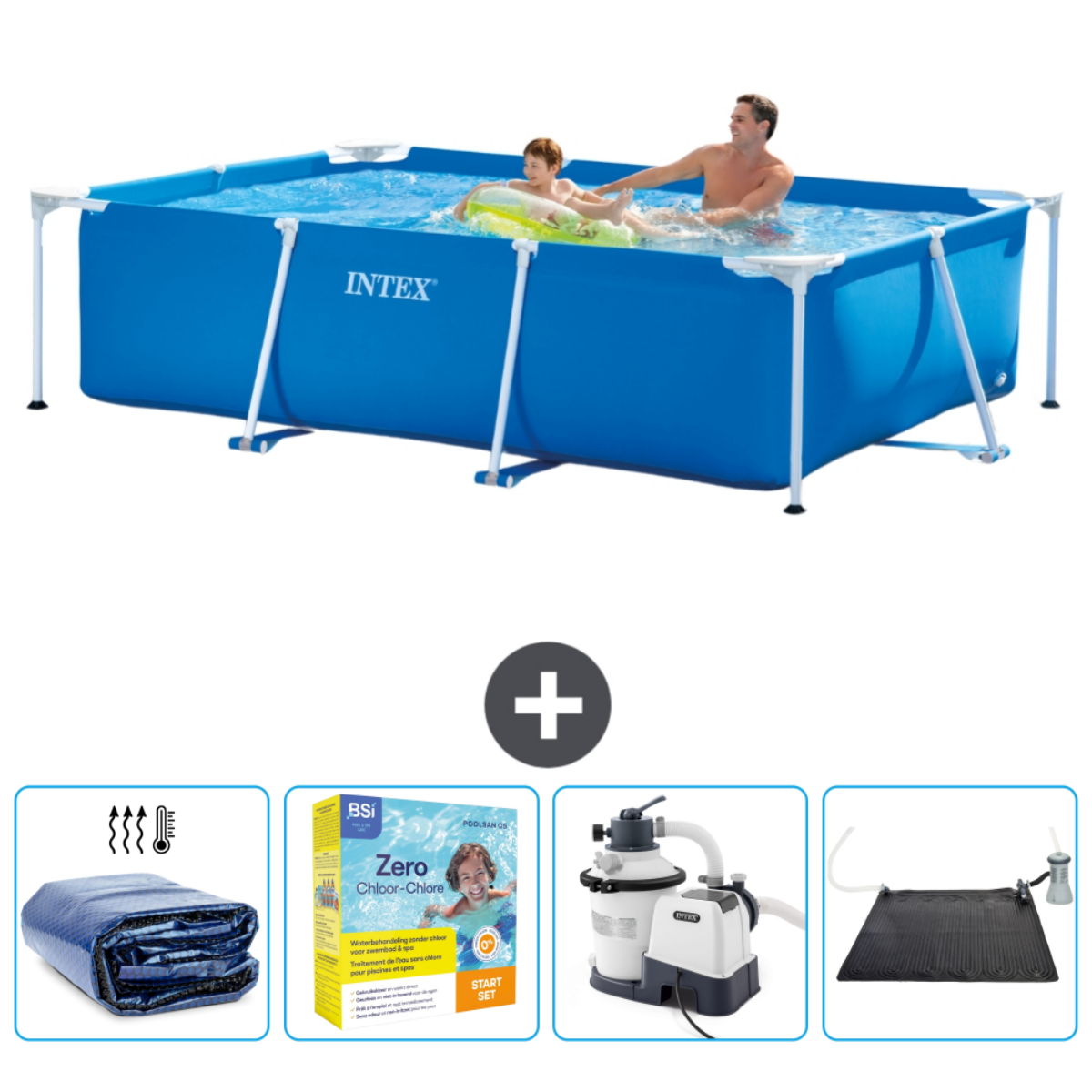 Rectangular pool with people swimming, accessories: cover, chemicals, filter, and a solar panel.